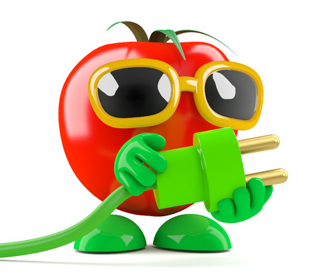 3d render of a tomato holding a green power leadの写真素材