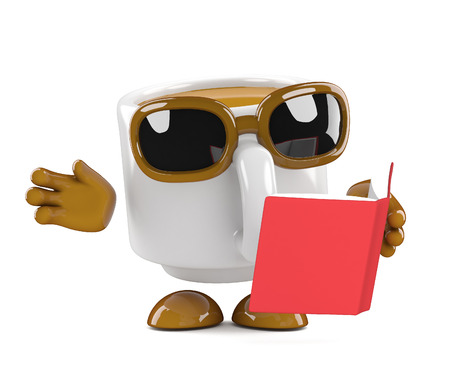 3d render of a coffee cup character reading a bookの写真素材
