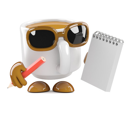 3d render of a coffee cup character holding a notepad and pencilの写真素材