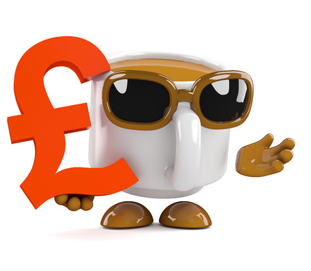 3d render of a coffee cup character holding UK Pounds Sterling currency symbolの写真素材