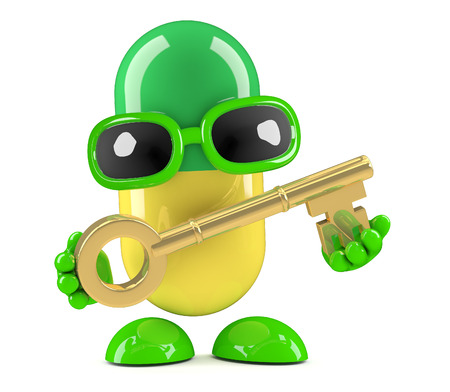 3d render of a capsule character holding a gold keyの写真素材