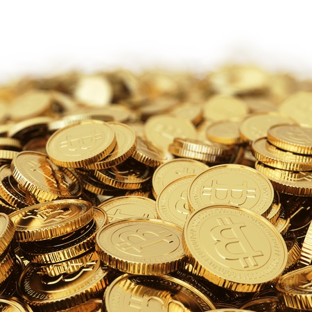 Golden Bitcoin cryptography digital currency coins - isolated with clipping pathの写真素材