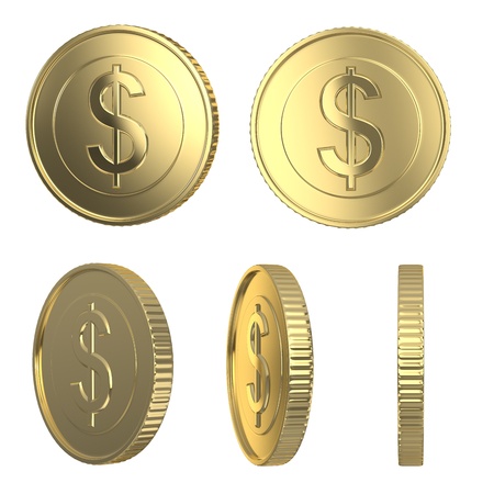 Golden dollar coins isolated on white with clipping pathの写真素材