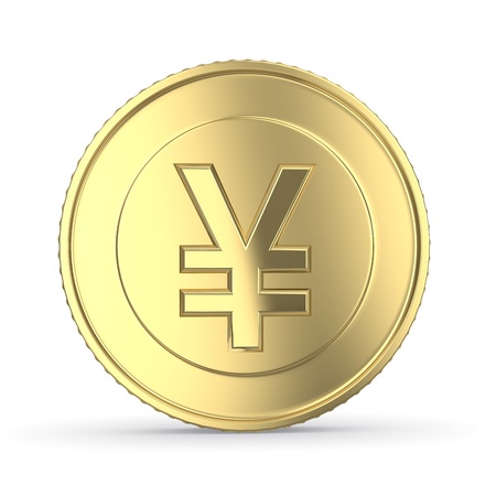 Golden yen coin on white isolated with clipping pathの写真素材
