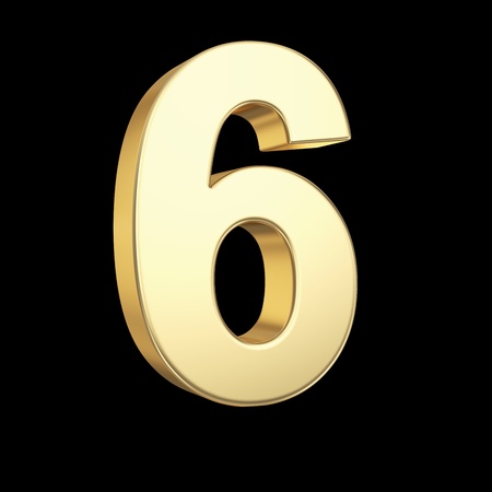 Number six - golden number isolated on black with clipping pathの写真素材