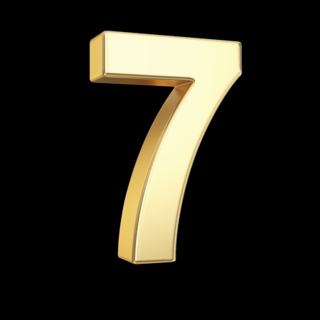 Number seven - golden number isolated on black with clipping pathの写真素材