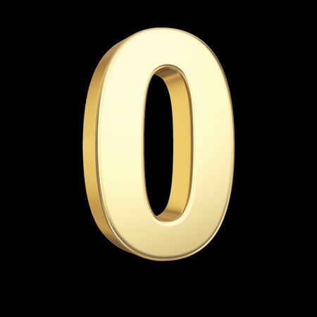 Number zero - - golden number isolated on black with clipping pathの写真素材
