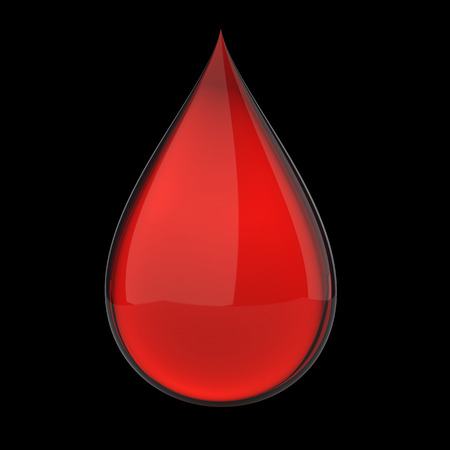 3D red blood drop isolated on black の写真素材