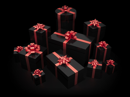 Stack of gift boxes on black isolated with clipping pathの写真素材