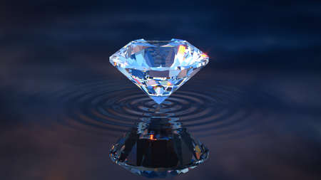 Luxury Shinning Diamond Balanced on Rippled Water Surface with Reflected Sky Background, Diamond Wallpaper,の写真素材
