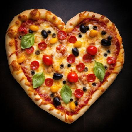 Pizza in Shape of Heart, Love Pizza, Deliciously Baked Italian Pizza with Cheese, Pepperoni, Sausage, and Fresh Vegetables with Basilの素材