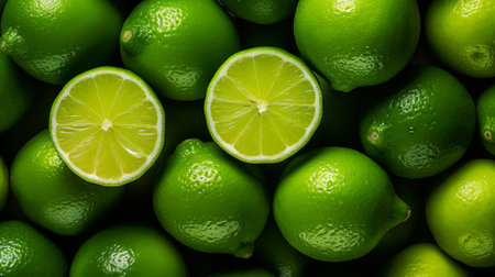 Lime slices background. Top view. Flat lay. Copy space.の素材