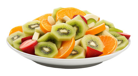 Vibrant superfoods dance in a colorful salad bowl, inviting us to indulge in the luscious freshness of kiwi and other succulent fruits on a pure white canvasの素材