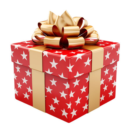 Red gift box with golden bow isolated on white background.の素材