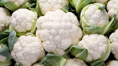 Cauliflower background. Close-up of white cauliflower heads.の素材