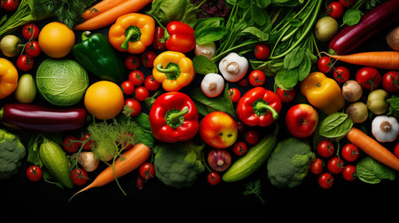 Fresh vegetables on black background. Healthy food concept. Top view.の素材