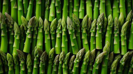 Bunch of fresh green asparagus on green background, top viewの素材