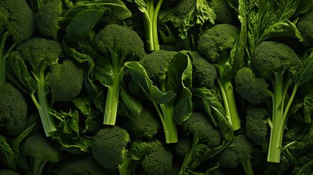 Background of green broccoli leaves, top view, flat layの素材