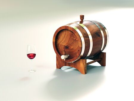 3D rendering of a wine barrel and a glassの写真素材