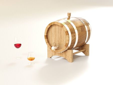 3D rendering of a wine barrel and a glass