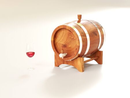 3D rendering of a wine barrel and a glassの写真素材