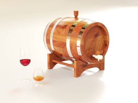 3D rendering of a wine barrel and a glassの写真素材