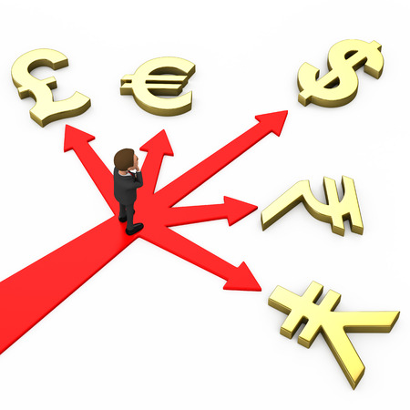 3d businessman stands at a crossroadsの写真素材