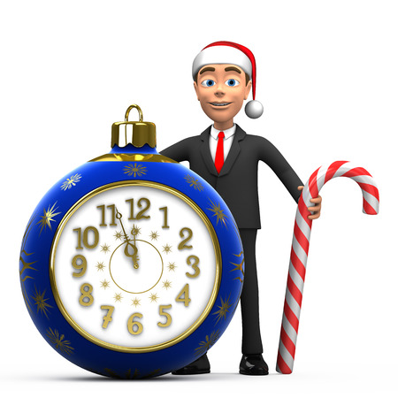 3D New Year businessman with a clock and a lollipop on a white backgroundの写真素材