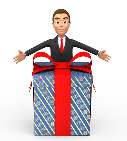3d smiling businessman with a giftの写真素材