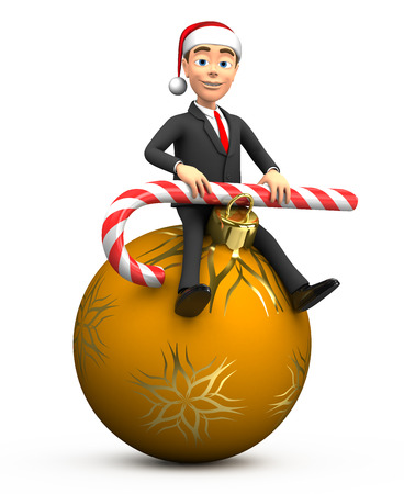 3d New Year businessman sitting on Christmas toys with candyの写真素材