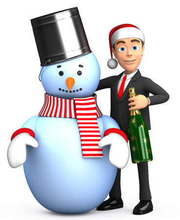 3d New Year businessman standing with a snowman and champagneの写真素材