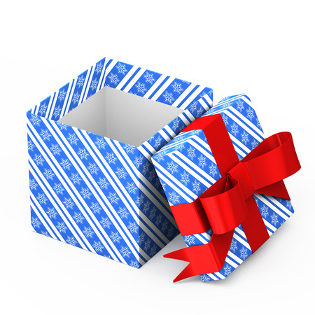 3d blue box with a red bow on white background の写真素材