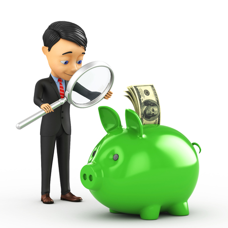 3D cheerful businessman analyzes savingsの写真素材
