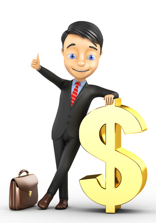 3d businessman and a big gold dollar on a white backgroundの写真素材