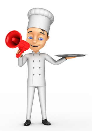 3D Chef with a megaphone on a white backgroundの写真素材
