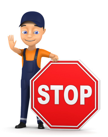 3d worker with a stop sign on a white backgroundの写真素材