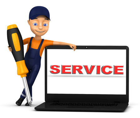 3d man with a laptop on a white backgroundの写真素材