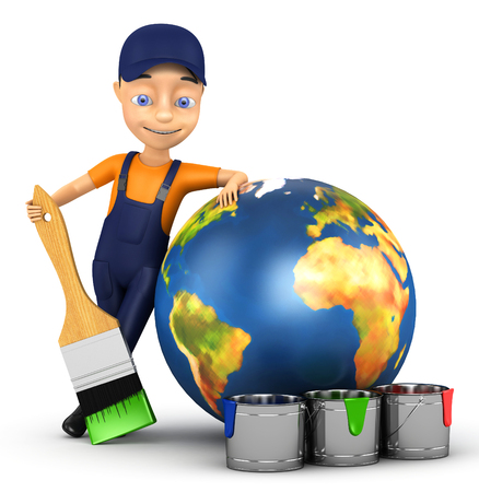 3d man painter with the Earth on a white backgroundの写真素材