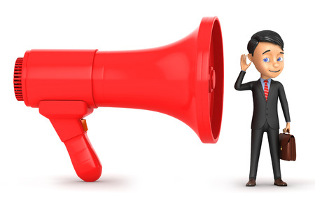 3d businessman with a big red megaphoneの写真素材