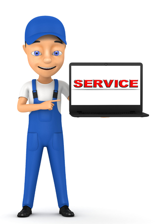 3d man with a laptop on a white backgroundの写真素材