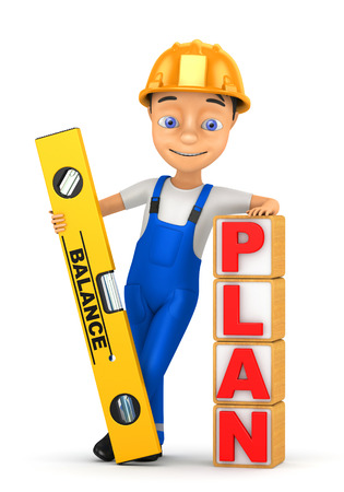 3d cheerful builder on a white backgroundの写真素材