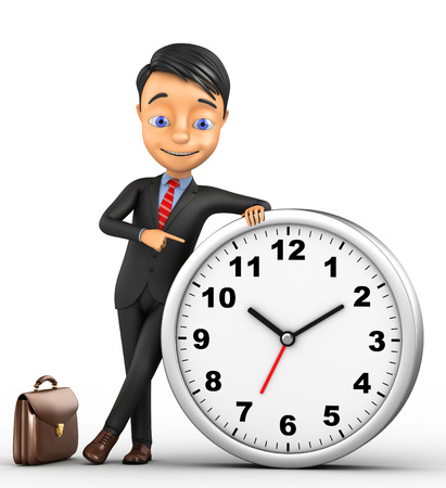 3d cheerful businessman with a clock on a white backgroundの写真素材
