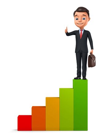 Businessman showing thumb up while climbing stairs on white background. 3d render illustration.の写真素材