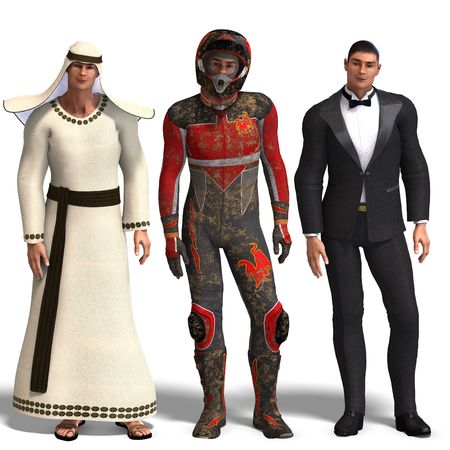 same man in three different costumes: Beduin, Racer, Tux. Mix'n'Match. With clipping and shadow over whiteの写真素材