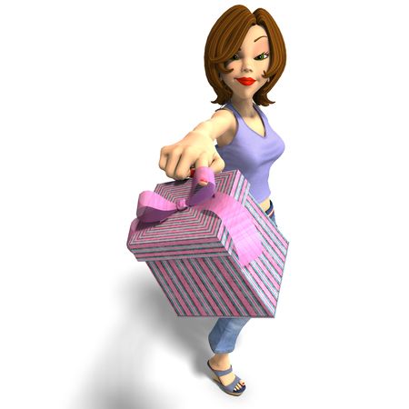 young toon girl with a gift. 3D render with clipping and shadow over whiteの写真素材