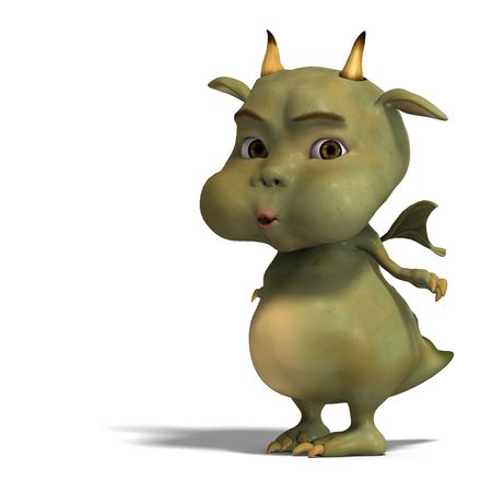 3D rendering of a little green cute toon dragon devil の写真素材