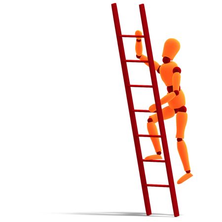 3D rendering of a orange / red  manikin climbing a ladderの写真素材