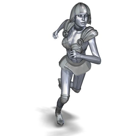 3D rendering of a powerful silver heroine rescues the world with clipping path and shadow over whiteの写真素材