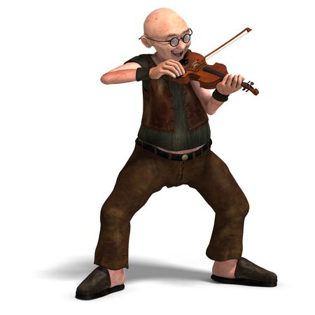 3D rendering of a funny senior playing the violin with clipping path and shadow over whiteの写真素材