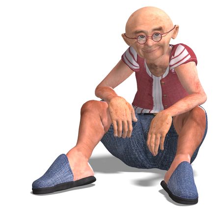 3D rendering of a cute elder man in short trousers with clipping path and shadow over whiteの写真素材